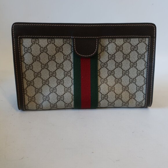 Authentic Gucci Parfums Guccissima Taupe Brown Green Red Web Zip Clutch Handbag - Picture 3 of 16
